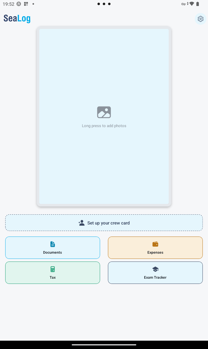 Home screen before a crew card is set up, showing the "Set up your crew card" prompt