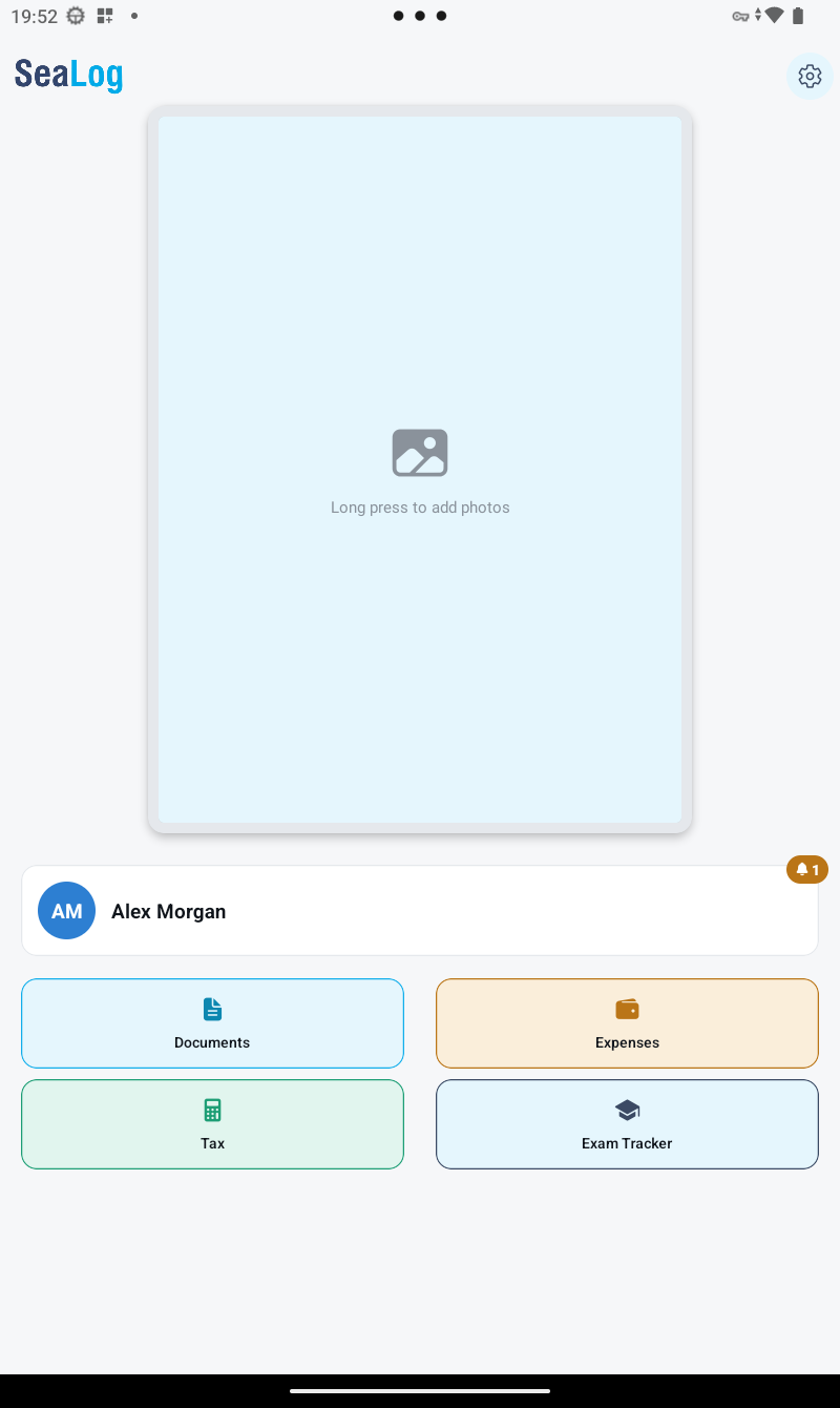 Home screen after setting up a crew card, showing Documents, Expenses, Tax and Exam Tracker tiles
