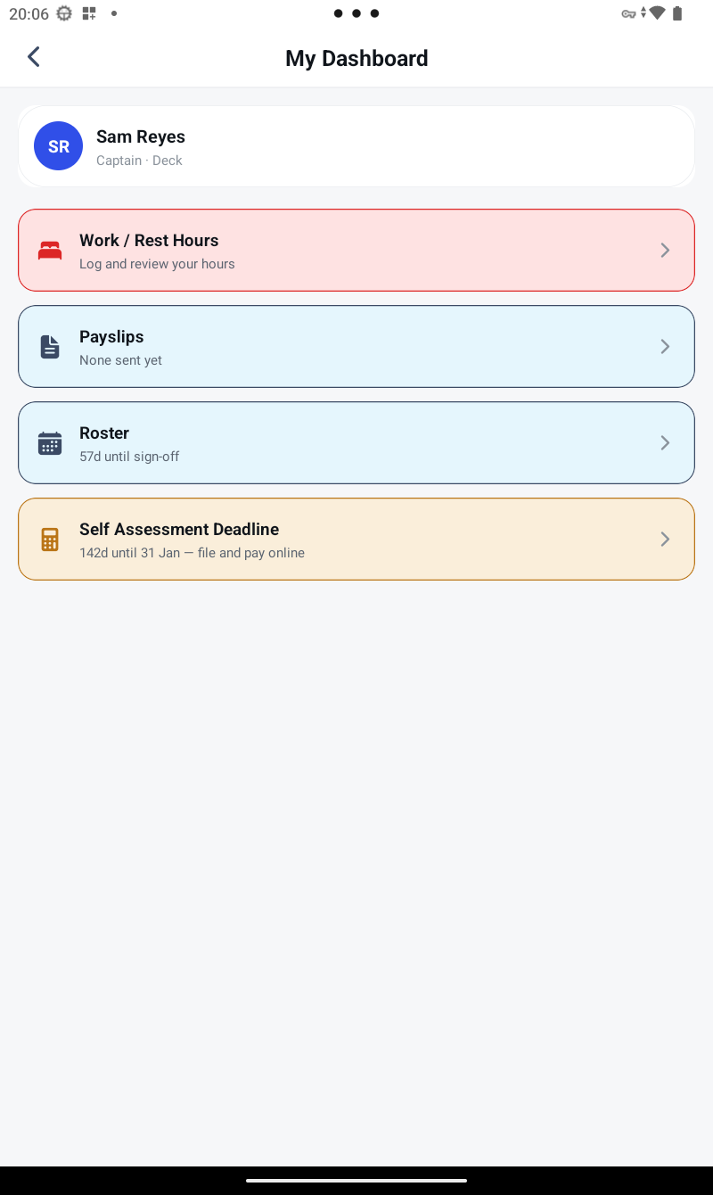 My Dashboard on a vessel-managed device, showing a Work / Rest Hours entry alongside Payslips and Roster