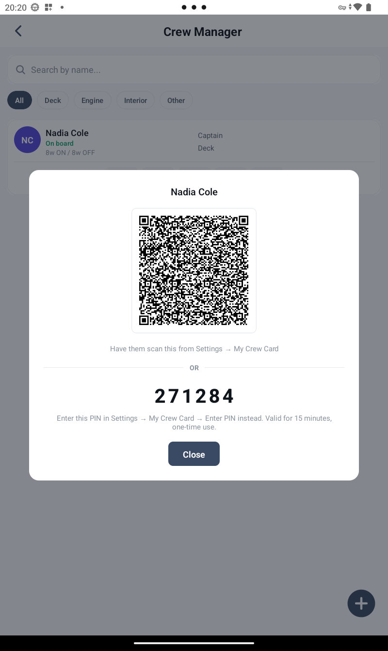 A crew member's QR code and a one-time 6-digit PIN for joining the vessel without scanning